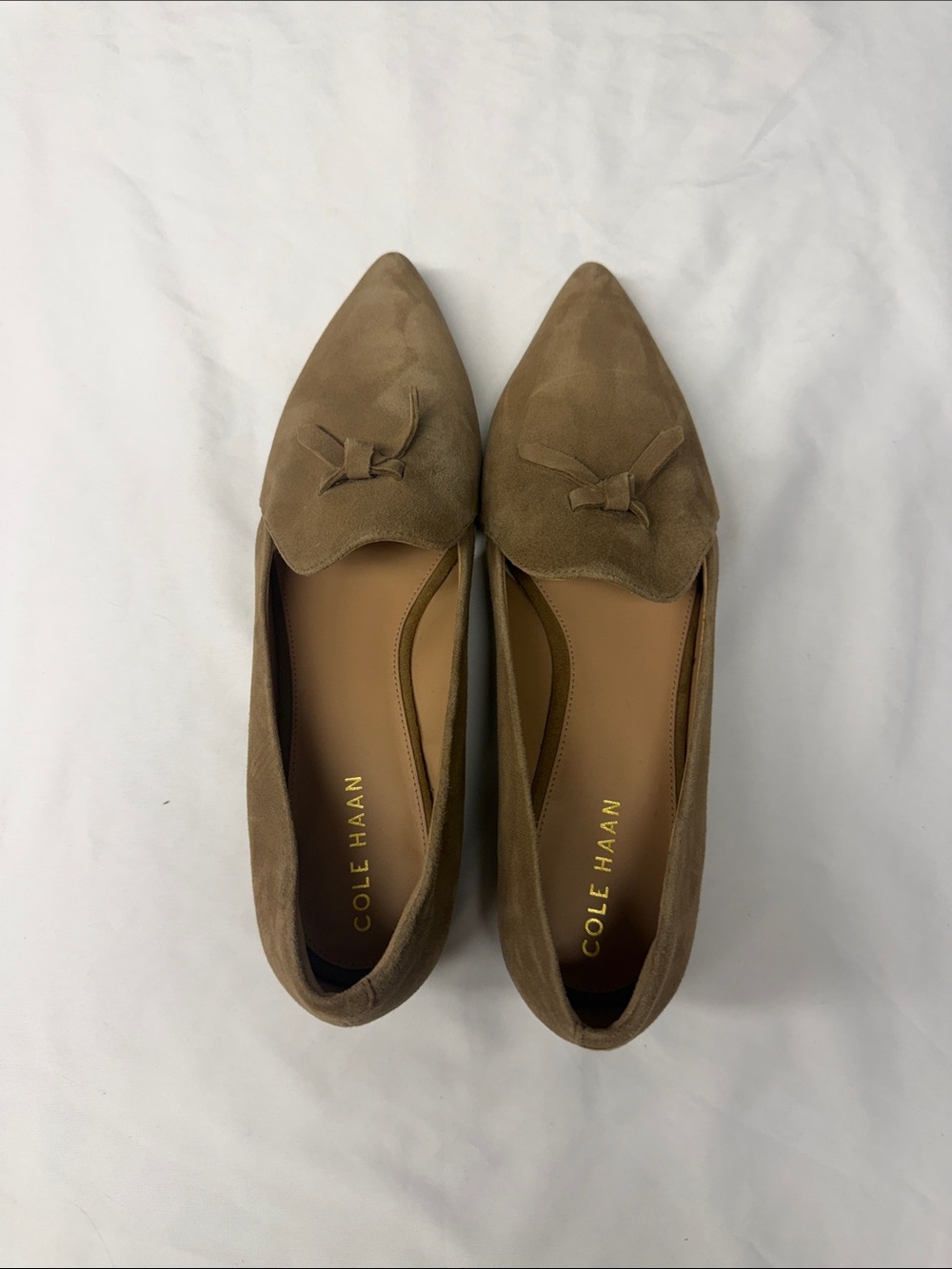 Cole Haan Taupe Suede Pointed-Toe Flats with Knot Detail